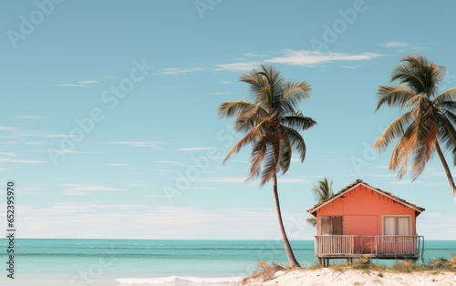 Beach hut at the seaside with coconut trees.