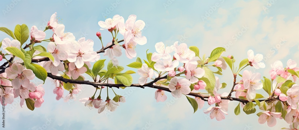 Closeup of blooming apple tree branch in garden isolated pastel background Copy space