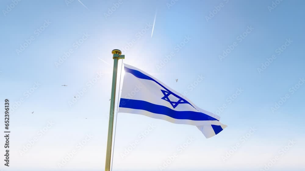Vidéo Stock Flag of israel waving in the wind, sky and sun background ...