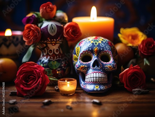 Colorful Remembrance: Vibrant Altar with Sugar Skull and Candles