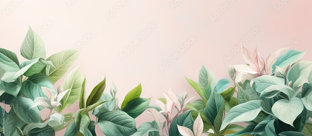 Green and pink foliage planted adjacent to each other isolated pastel background Copy space