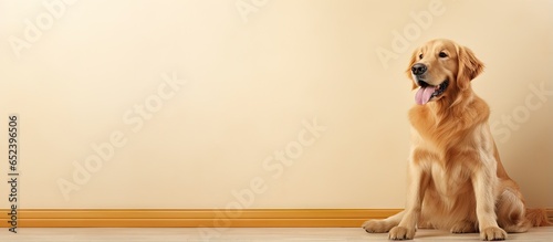 Golden retriever sitting isolated pastel background Copy space