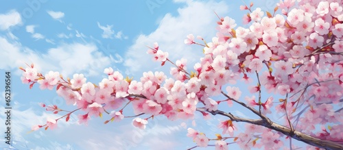 Vibrant cherry blossoms sakura adorn Tokyo Japan under blue skies isolated pastel background Copy space