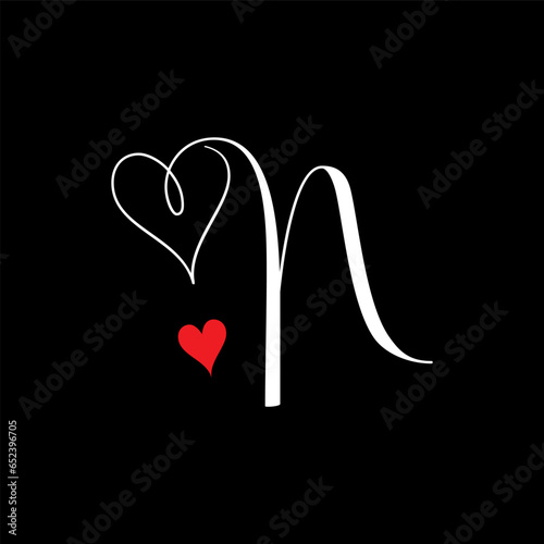 N Letter With Heart Vector On Black Background. N Love Letter Logo Design.