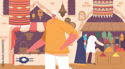 Vibrant Arab Market Scene with Crowds Weave Through Colorful Stalls, Aromatic Spices, And Exotic Treasures