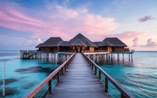 Wooden pier at the beach with hotel resorts at pink sunset sky.