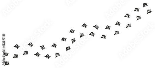 Path of duck, goose, swan footprints. Tracks of paw prints of seagull, cormorant, pelican, flamingo, albatross. Silhouette. Trail of webbed-footed birds. Black Vector isolated on white. Print, game.