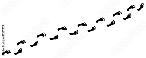 Human footprint. Path of human bare feet. Road of steps. Person walks barefoot. Step by step. Silhouette. Vector isolated on white. For print, textile, postcard, design, games, brochure, advertising.