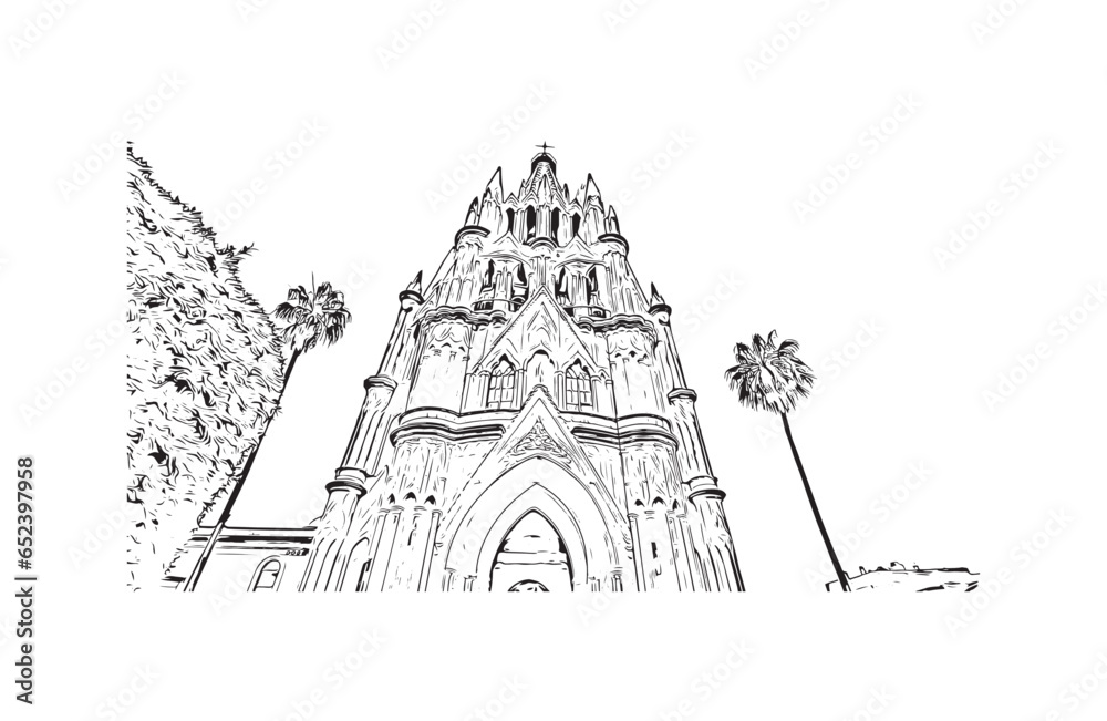 Building view with landmark of San Miguel de Allende is the city in Mexico. Hand drawn sketch illustration in vector.