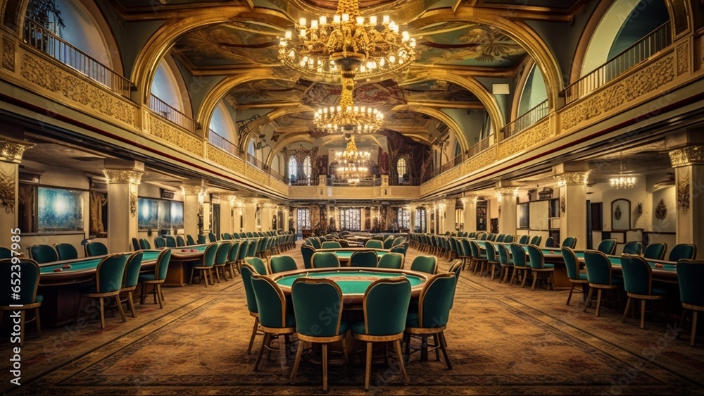 Spacious interior room of a luxurious casino with slot machines, poker tables, and large light chandeliers - obrazy, fototapety, plakaty 