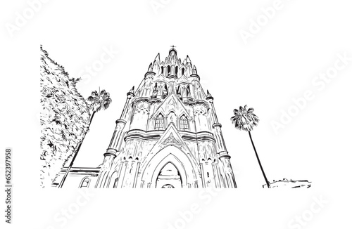 Obraz na płótnie Building view with landmark of San Miguel de Allende is the city in Mexico. Hand drawn sketch illustration in vector. w salonie