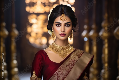 Royal bride maroon-gold Kanjeevaram's splendor, reflecting lineage's luxurious traditions photo