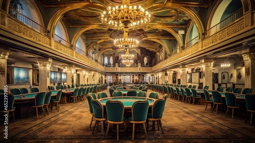 Spacious interior room of a luxurious casino with slot machines, poker tables, and large light chandeliers photo