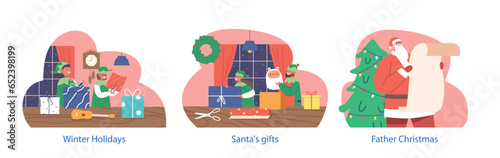 Isolated Elements With Christmas Winter Holiday Scenes. Santa Claus Reading Wish List Scroll, Funny Elves Prepare Gifts