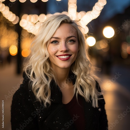 Beautiful Blonde Woman Smiling over a Christmas Outdoors Decorations Background.