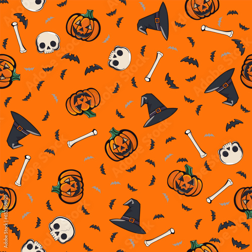 Halloween seamless pattern of pumpkins, skulls, witch hats, bats and bones on a orange background