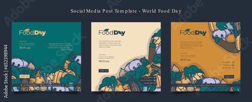 Social media post template with cartoon of vegetables design for world food day campaign