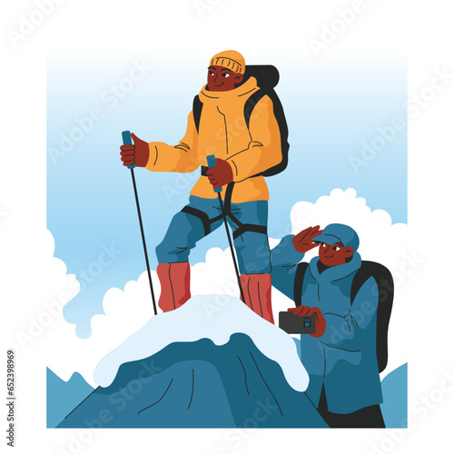 Mountaineering. Mountain climbers with backpacks during nature