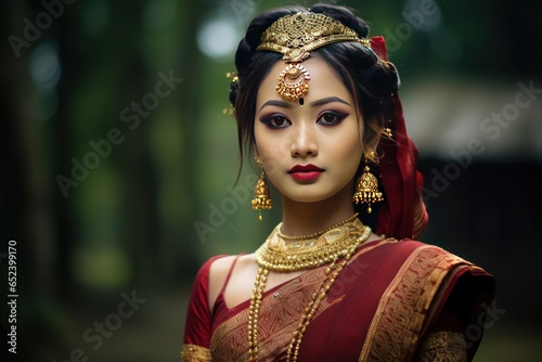 Manipuri bride in maroon and gold potloi dress, her gaze revealing deep-rooted cultural values photo