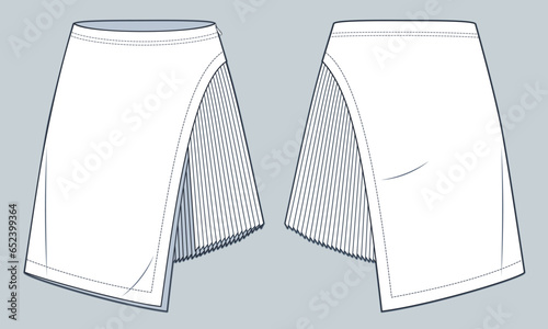 Pleated Skirt technical fashion illustration. Mini Skirt fashion flat technical drawing template, asymmetric, side zipper, front and back view, white, women CAD mockup.