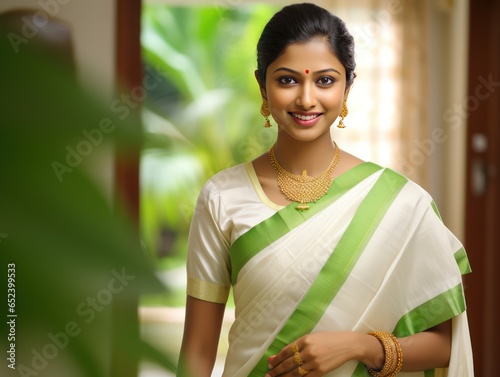Elegant bride from Kerala in a traditional green saree with accessories capturing regional beauty