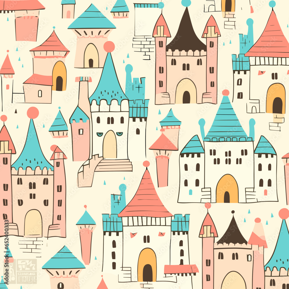 Castle pattern, background, hand-drawn cartoon flat art Illustrations in minimalist vector style