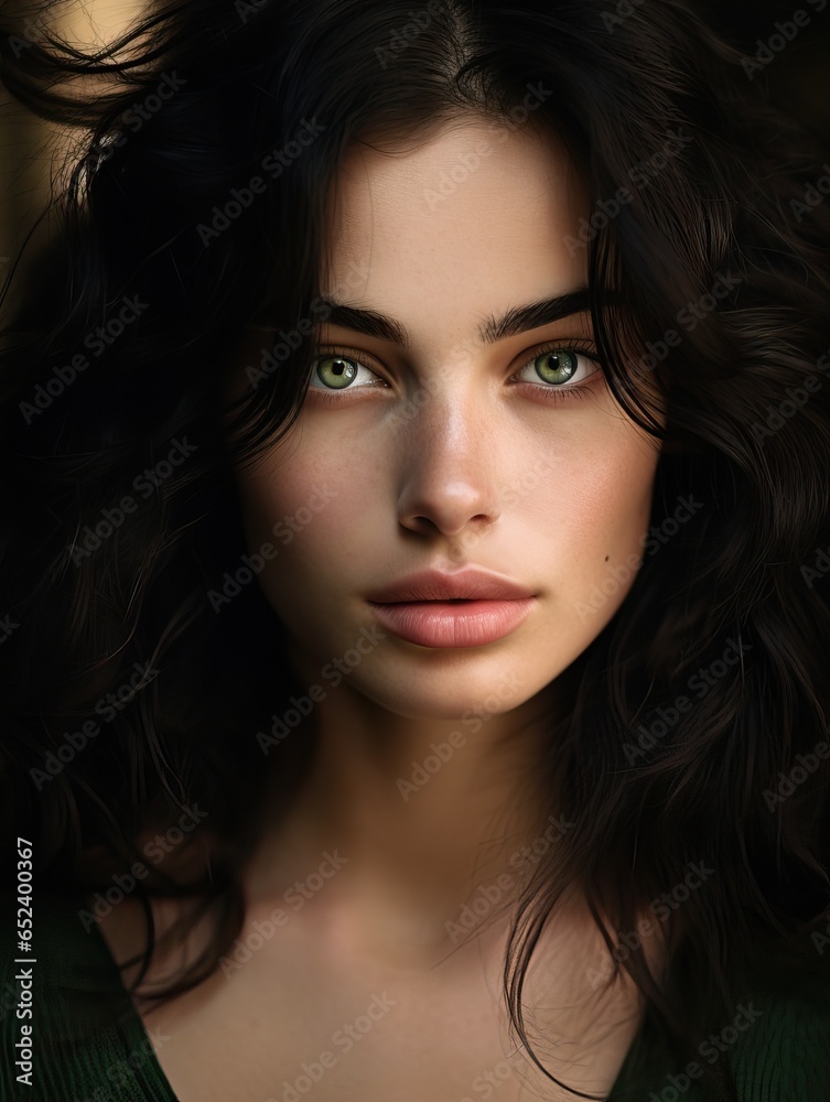 Portrait of a Beautiful Woman with Green Eyes and Dark Hairs. Portrait of a Beautiful Woman with Green Eyes and Dark Hairs.