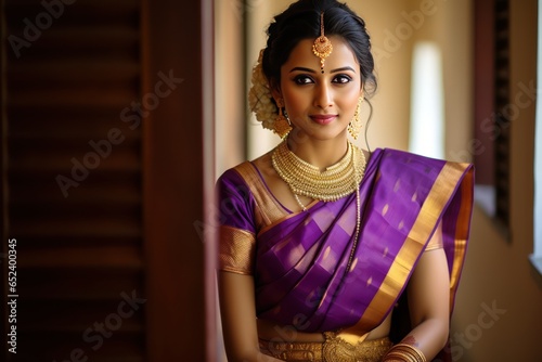 Maharashtrian bride in regal purple paithani saree displays beauty with striking minimalism photo