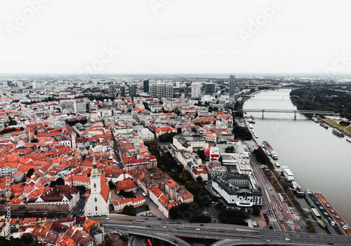 Photography Aerial view of capital of Slovakia - Bratislava old town with downtown on background