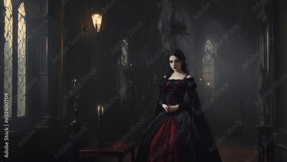 Beautiful vampire woman in a dark haunted house. 