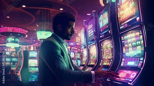 Handsome man in suit laughing and smiling in front of a slot machine in a luxurious casino