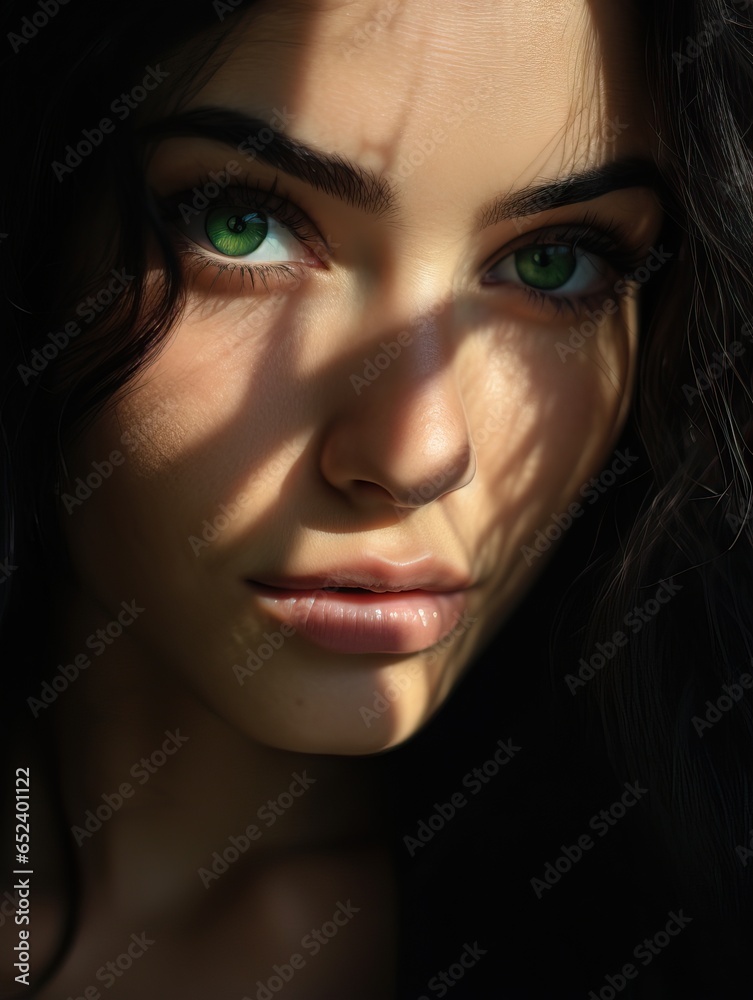 Portrait of a Beautiful Woman with Green Eyes and Dark Hairs. Portrait of a Beautiful Woman with Green Eyes and Dark Hairs.