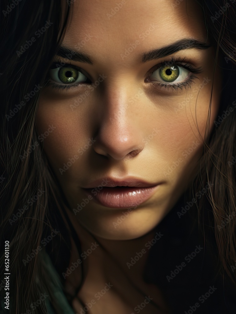 Portrait of a Beautiful Woman with Green Eyes and Dark Hairs.