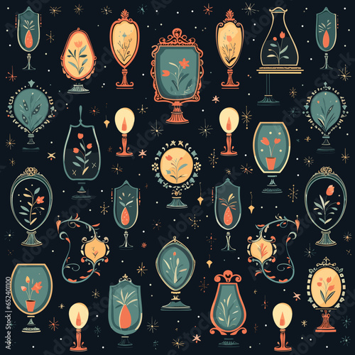 Enchanted mirrors pattern, background, hand-drawn cartoon flat art Illustrations in minimalist vector style