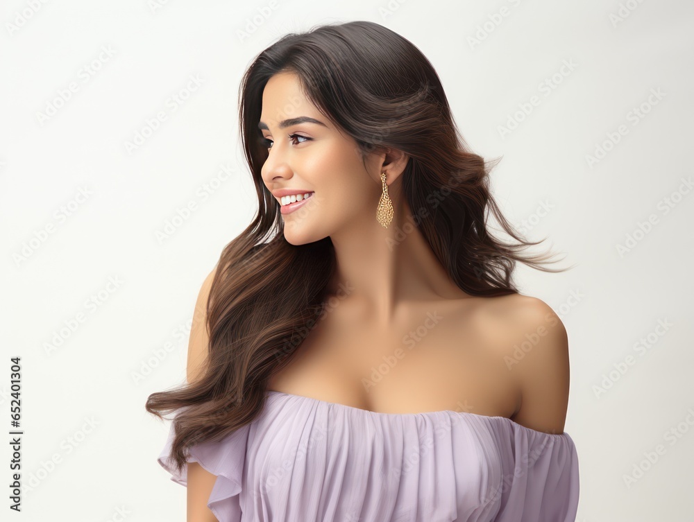 Fototapeta premium Indian model in a chic off-shoulder pastel lavender dress embodies summer joy during a photoshoot