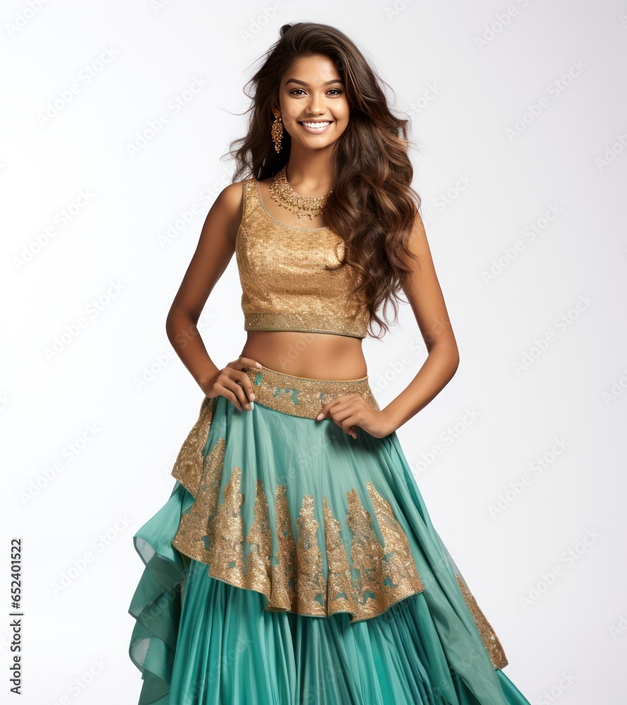 Gleaming brown-eyed Indian teen in vibrant yellow and orange mirrored lehenga