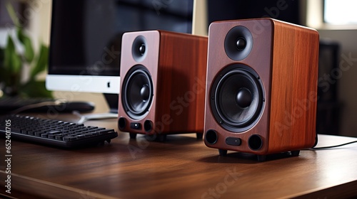 Wallpaper Mural Close up of 2 Wooden Speaker over a Professional Desk of a Music Production Studio. Torontodigital.ca