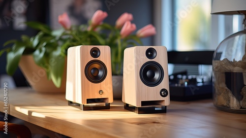 Wallpaper Mural Close up of 2 Wooden Speaker over a Professional Desk of a Music Production Studio. Torontodigital.ca