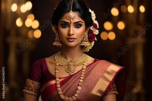 Tamil bride in maroon-gold Kanjeevaram, her jewelry weaving the story of her lineage