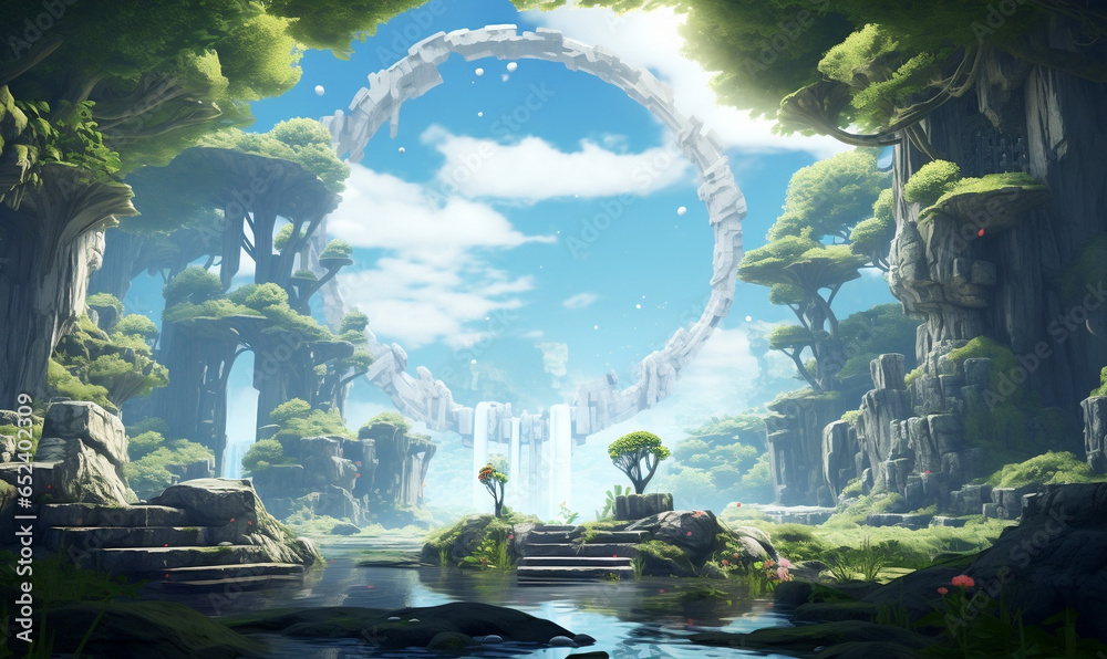 Verzauberter Wald am See mit Ruinen und Sonnenstrahlen im Sommer - Zeichnung im Anime-Stil mit Blaufilter