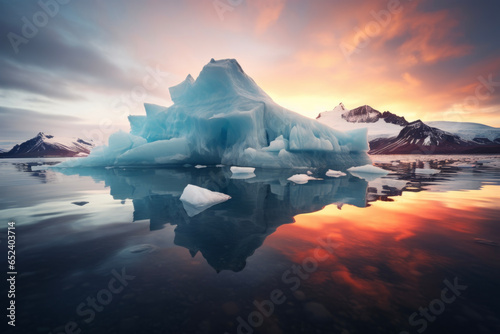 Sunset lighting of iceberg in background of beautiful winter mountain. Landscape concept of snow scene or winter scene.