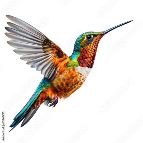 Flying hummingbird, showcasing colorful feathers and outstretched wings, isolated on white background
