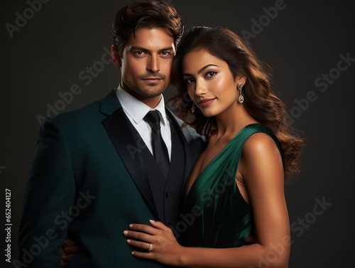Stylish Indian couple in clothing shoot, him in green attire, her in posh green gown, capturing hearts