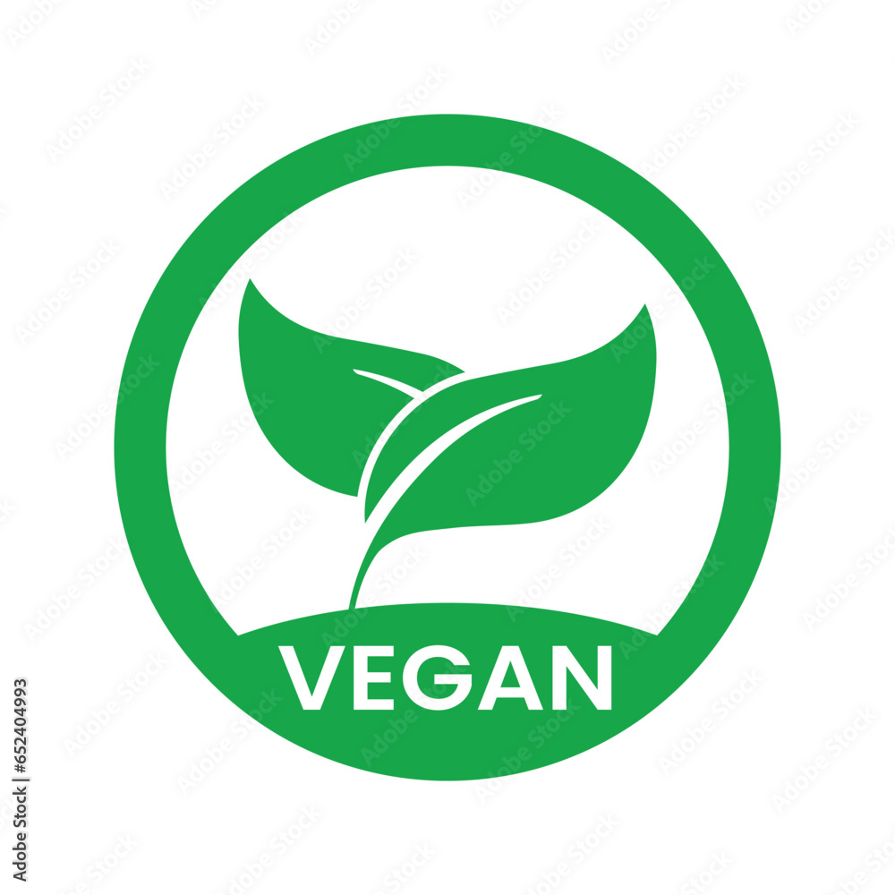 Vegan icon vector. Organic, bio, eco symbol. Vegan, no meat, lactose free, healthy, fresh and non-violent food. Green round vector illustration with leaves for stickers, labels and logos Vegan icon vector. Organic, bio, eco symbol. Vegan, no meat, lactose free, healthy, fresh and non-violent food. Green round vector illustration with leaves for stickers, labels and logos