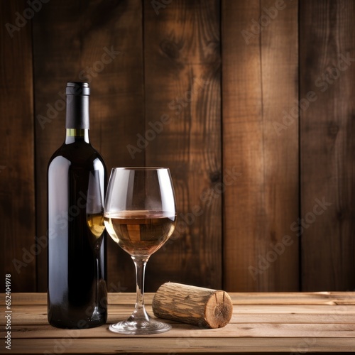 Wine bottle and glass, tales of vineyards past, posed gracefully against a backdrop bearing wood's rustic memoirs