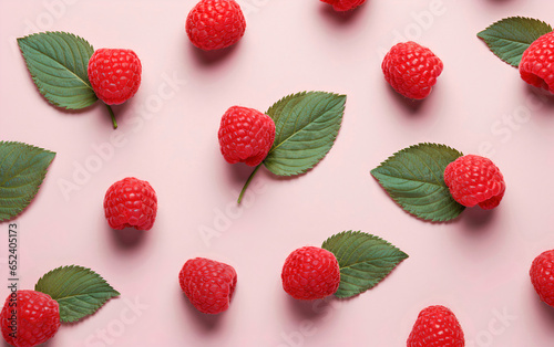 Red juicy raspberries on a pink background with green fresh leaves