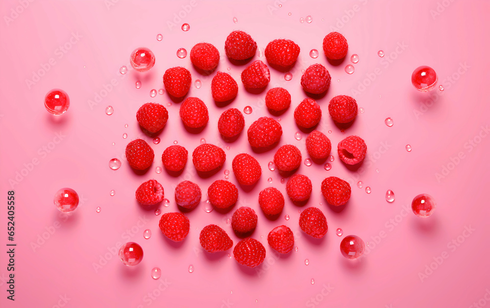 Red juicy raspberries arranged in a circle on a pink background Red juicy raspberries arranged in a circle on a pink background