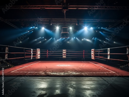 Epic empty boxing ring in the spotlight on the fight night AI