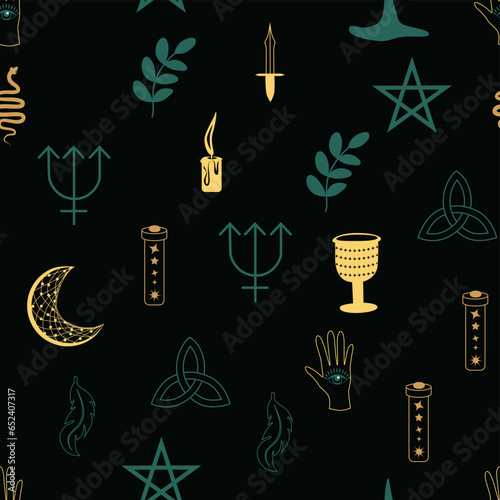 Magic and heaven seamless pattern, with magical elements such as snake, eye. Symbols and elements of the witchcraft theme.