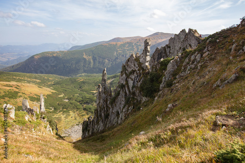 sharp rocks of Shpytsi Mountain in Chornohora mountain range in Ukrainian photo